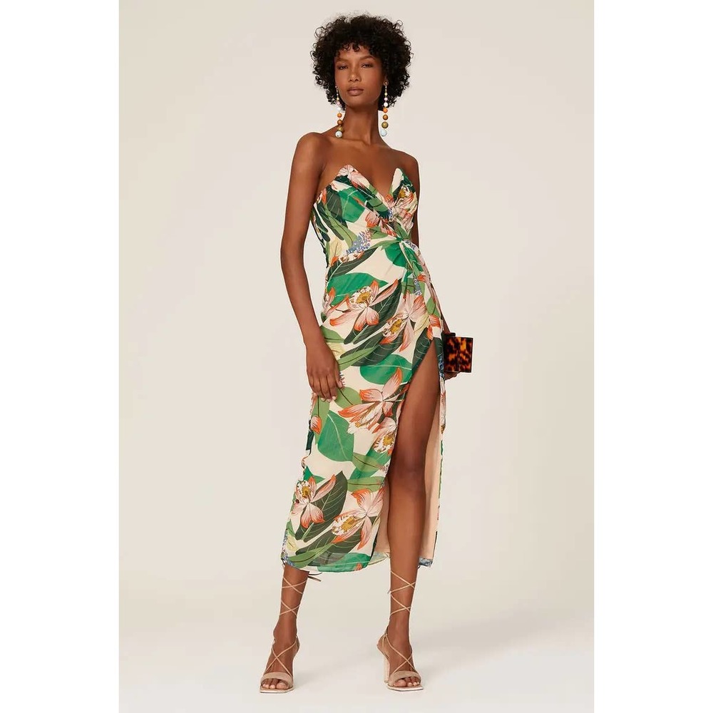 Katie May Come On Home Dress in Green Floral Chiffon Strapless Dress Medium